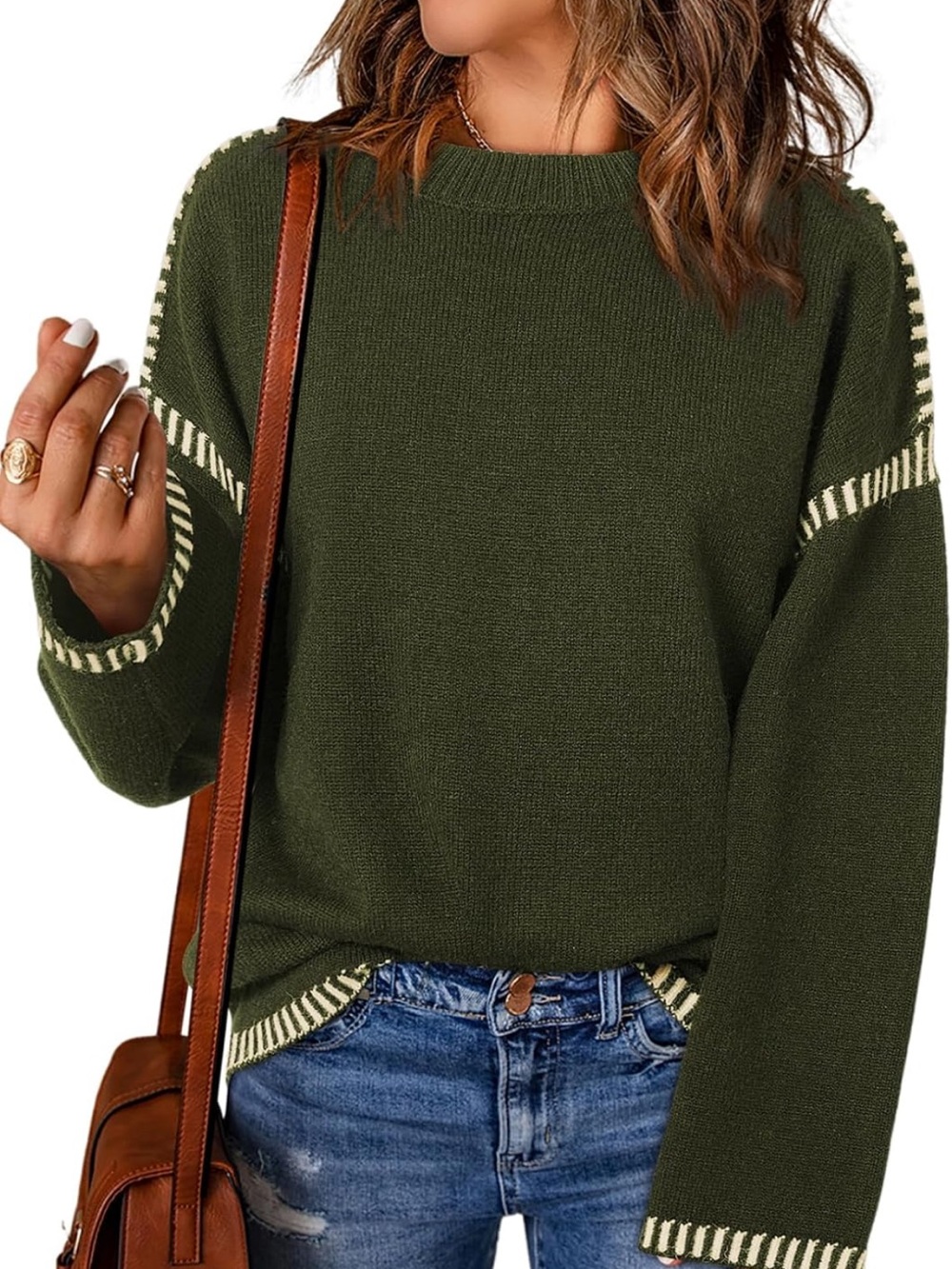 Heavy Olive Crewneck Sweater with White Contrast Trim
